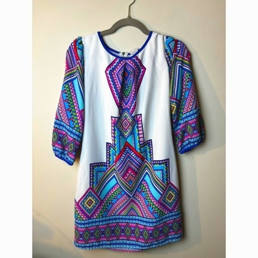 Pink Owl Apparel Size Small Geometric Print Dress Blue Pink White 3/4 Sleeve‎